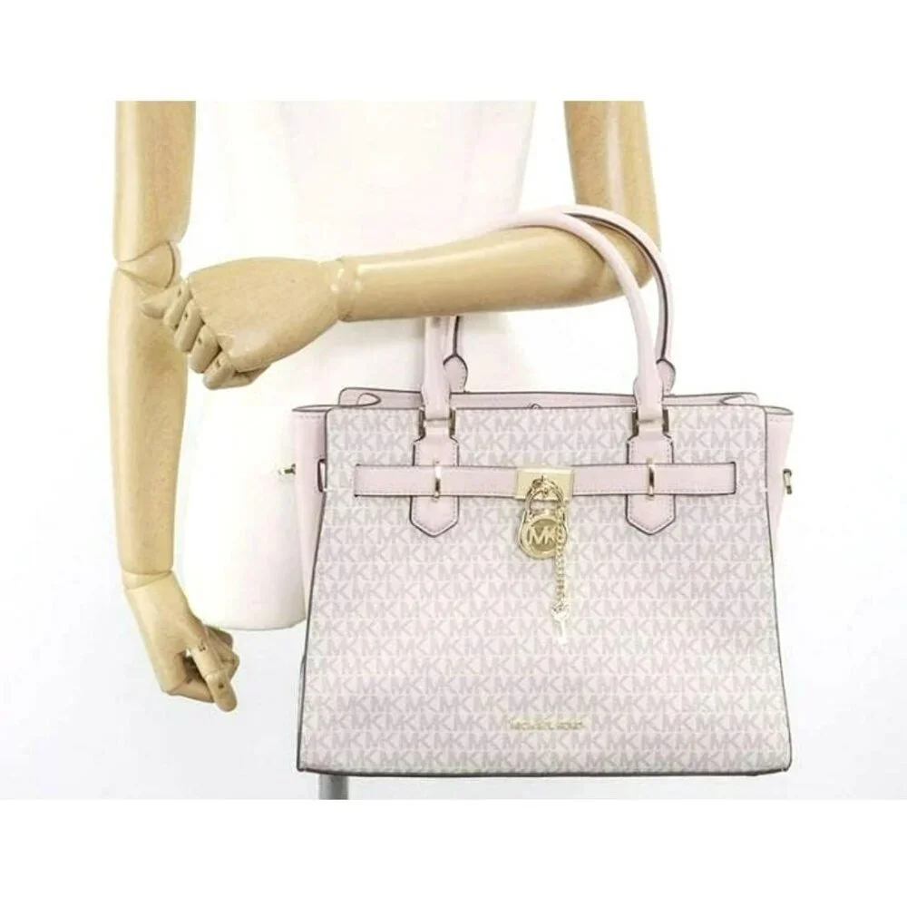 Michael Kors Bedford Pink Signature Logo Satchel Bag Gold New $398